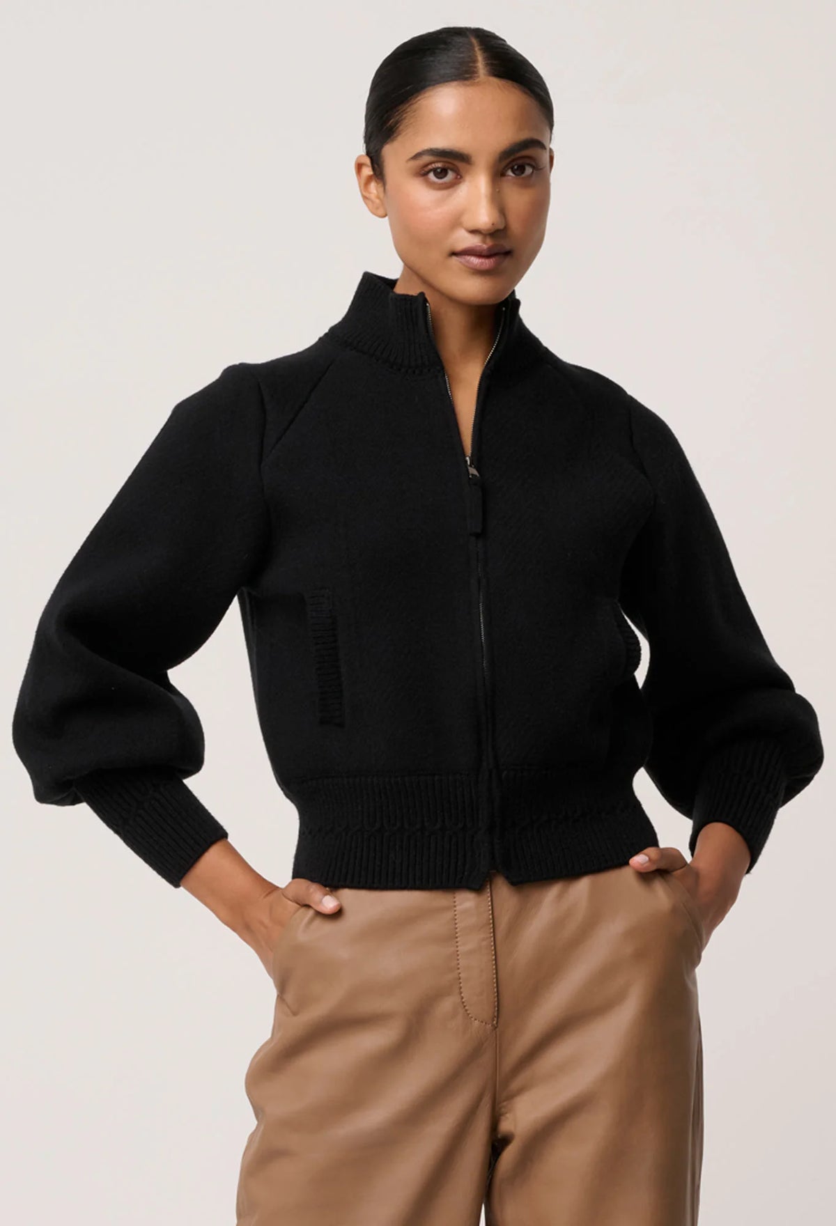 Once Was - Jeanne Wool Blend Textured Knit Bomber - Black