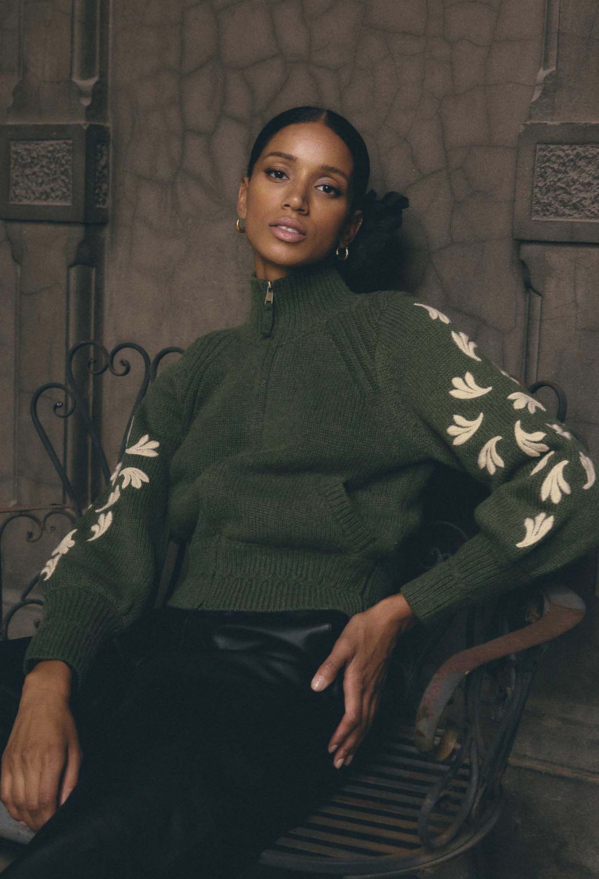 Once Was - Carmela Embroidered Knitted Bomber in Oliva