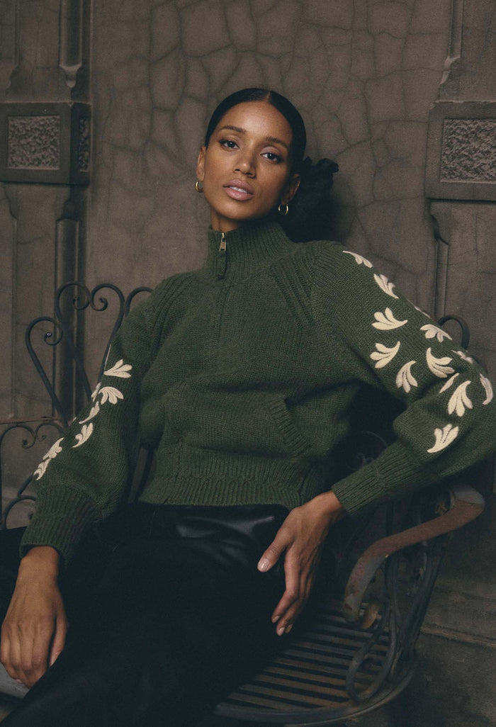 Once Was - Carmela Embroidered Knitted Bomber in Oliva