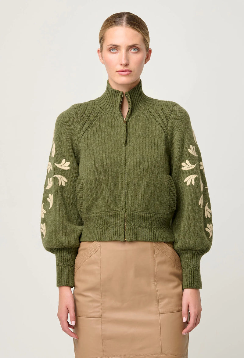Once Was - Carmela Embroidered Knitted Bomber in Oliva
