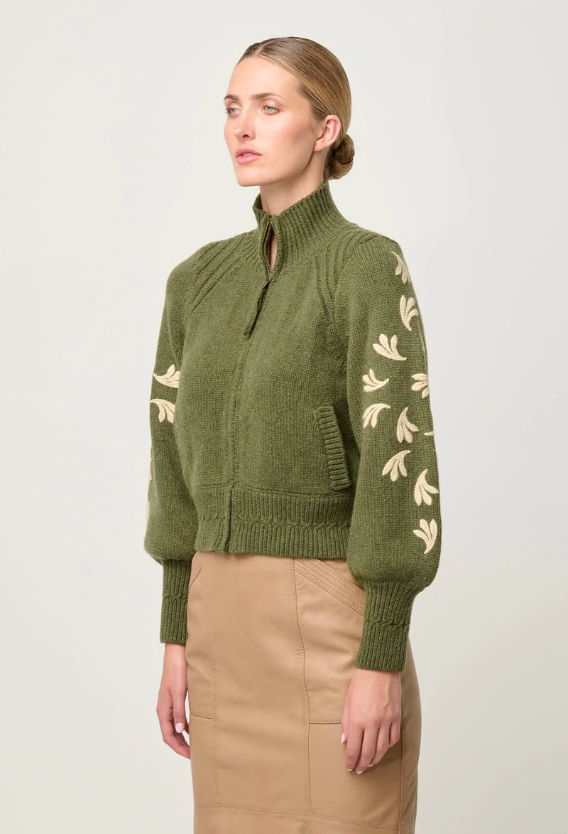 Once Was - Carmela Embroidered Knitted Bomber in Oliva