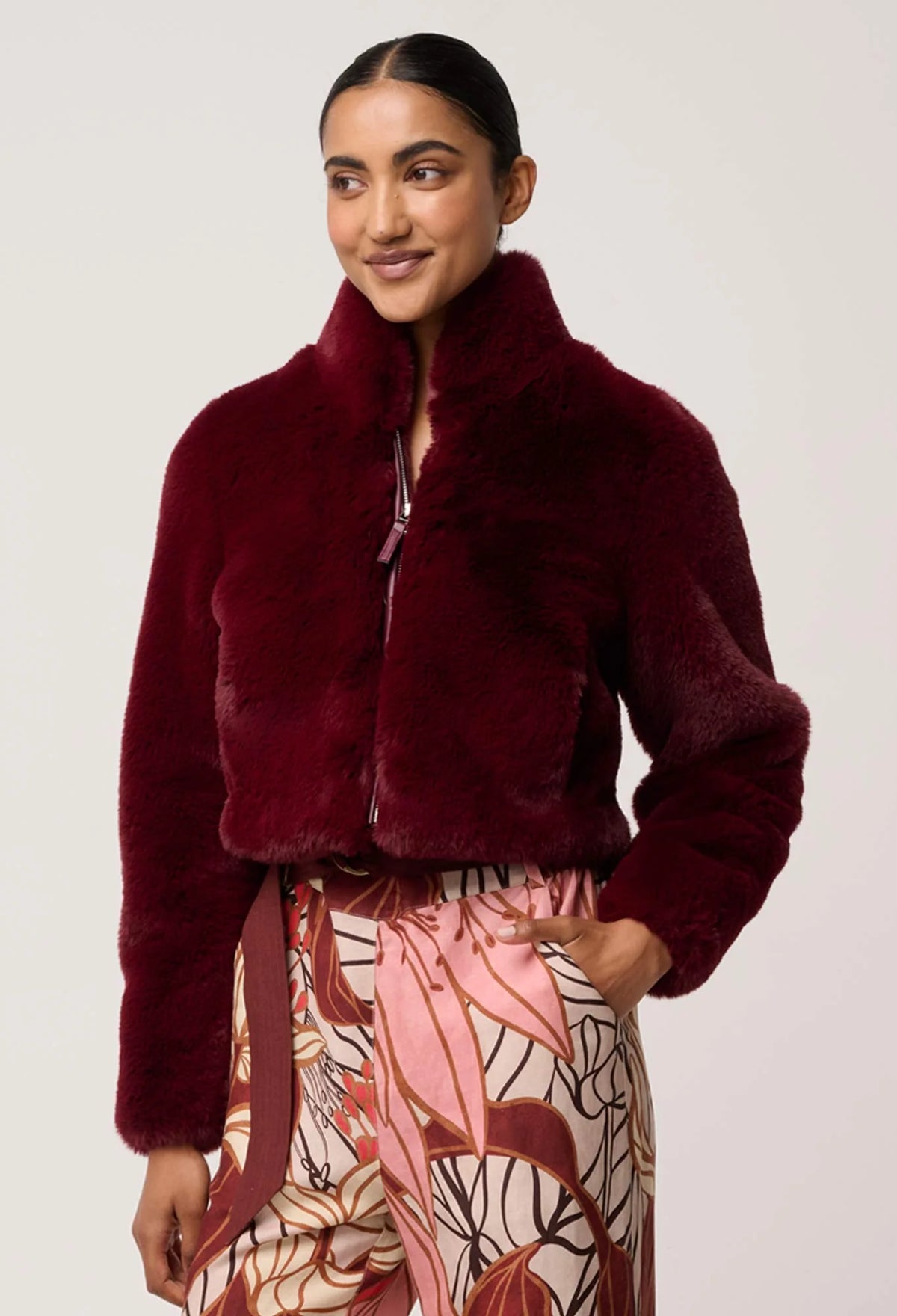 Once Was - Dawn Faux Fur Cropped Jacket in Bordeaux