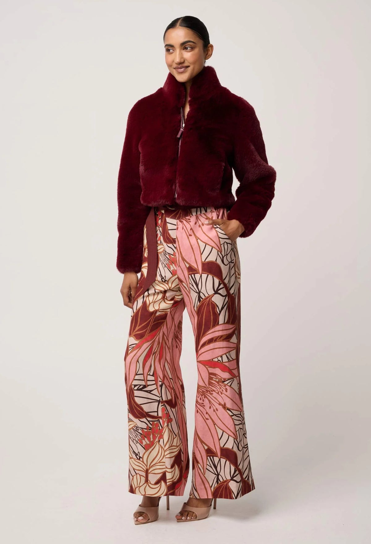 Once Was - Dawn Faux Fur Cropped Jacket in Bordeaux