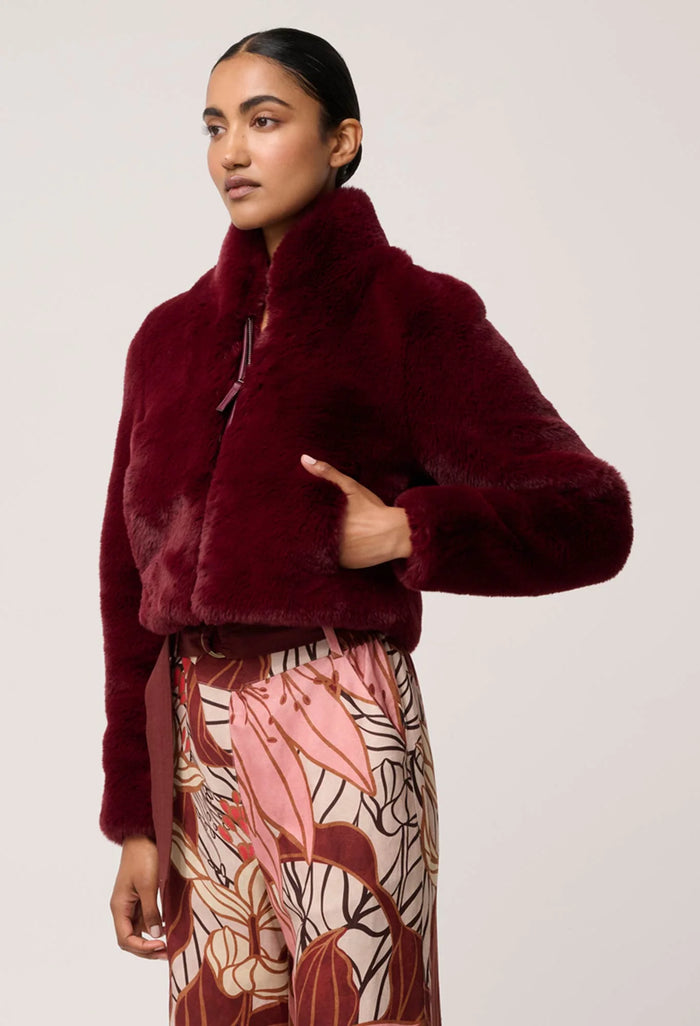 Once Was - Dawn Faux Fur Cropped Jacket in Bordeaux