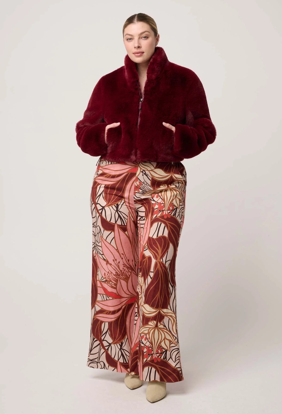 Once Was - Dawn Faux Fur Cropped Jacket in Bordeaux