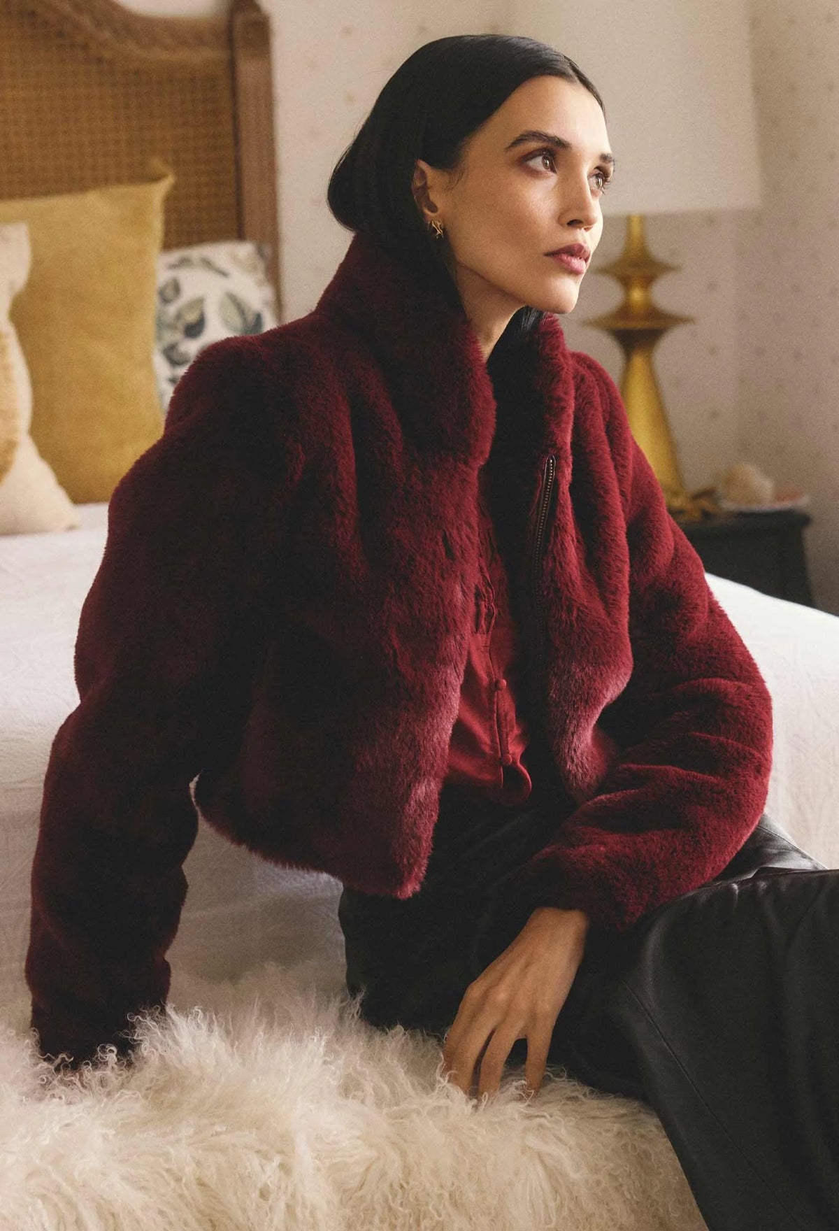 Once Was - Dawn Faux Fur Cropped Jacket in Bordeaux