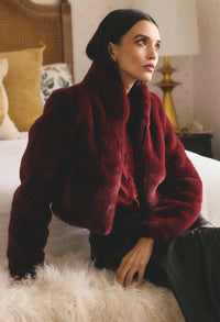 Once Was - Dawn Faux Fur Cropped Jacket in Bordeaux