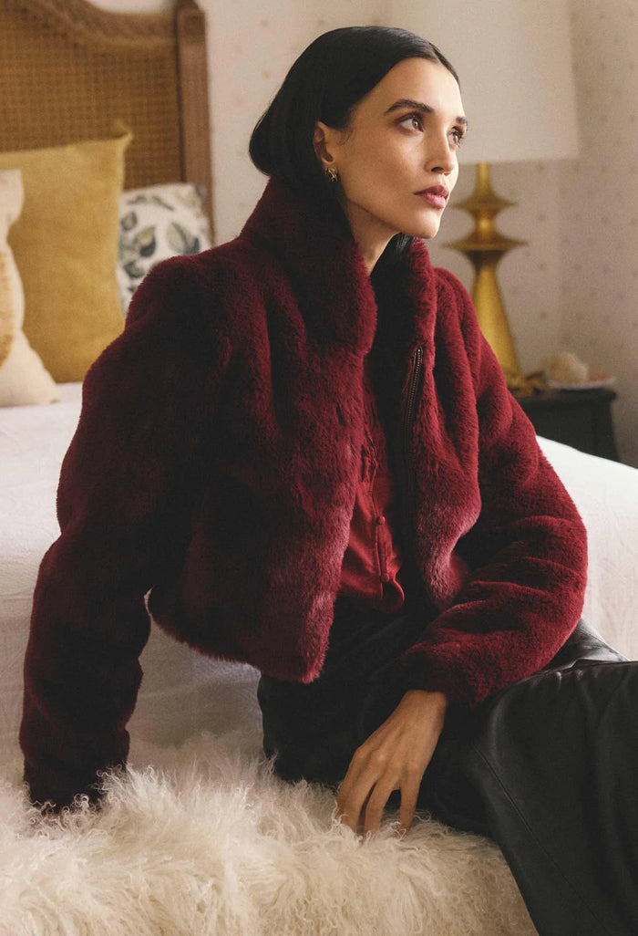 Once Was - Dawn Faux Fur Cropped Jacket in Bordeaux