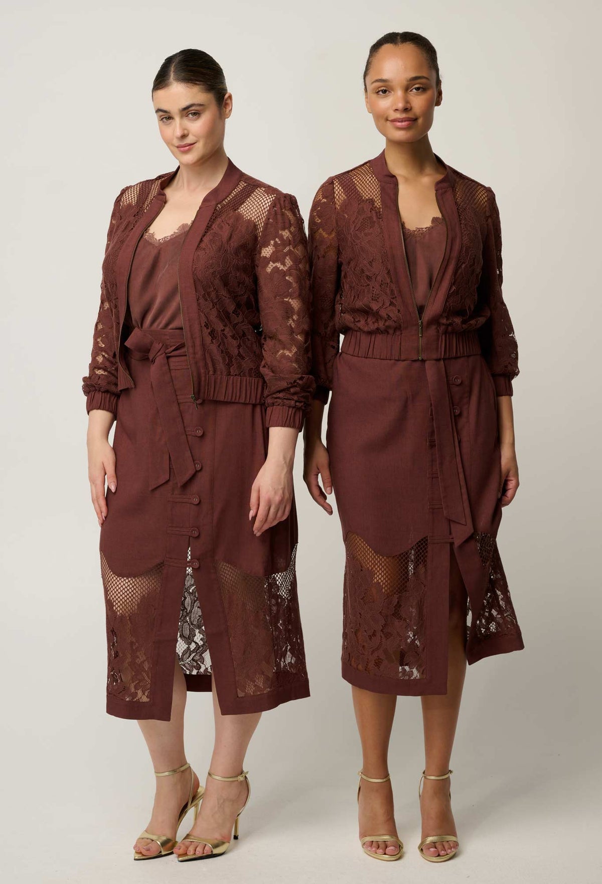 OnceWas Solene Rosewood lace bomber styled with the matching Solene dress