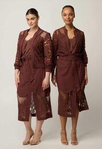 OnceWas Solene Rosewood lace bomber styled with the matching Solene dress