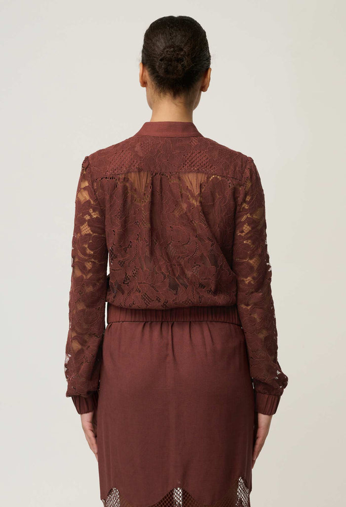 OnceWas Solene lace bomber in Rosewood, back view