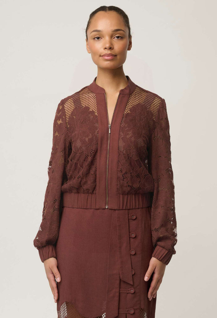 OnceWas Solene lace bomber in Rosewood, front view showing zip opening