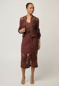 OnceWas Solene lace bomber in Rosewood shown in movement