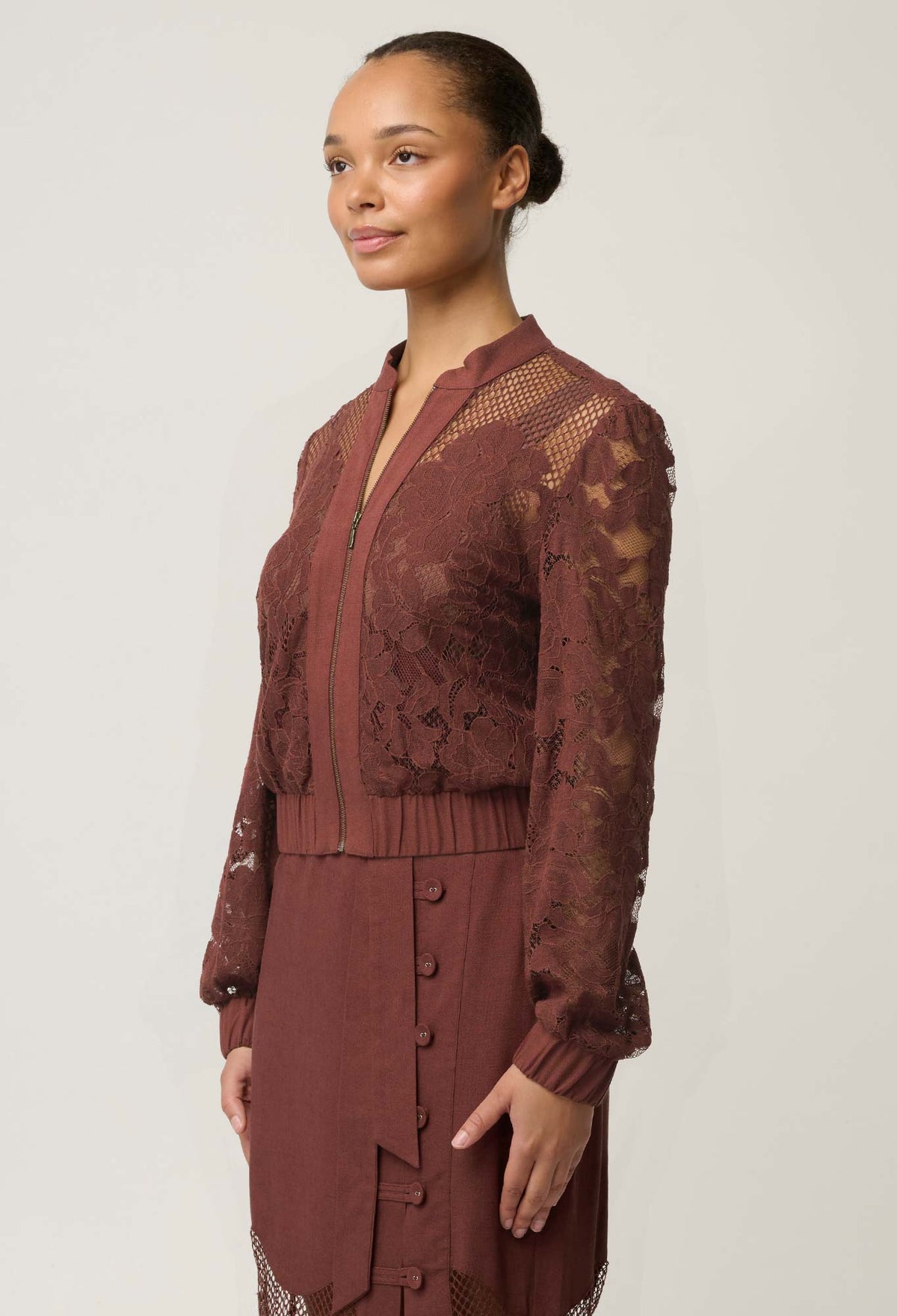 OnceWas Solene lace bomber in Rosewood, side view