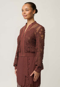OnceWas Solene lace bomber in Rosewood, side view