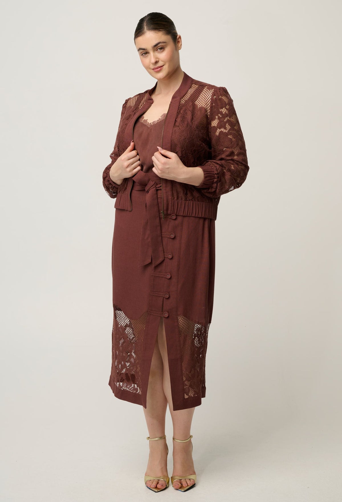 OnceWas Solene lace bomber in Rosewood styled with matching lace separates