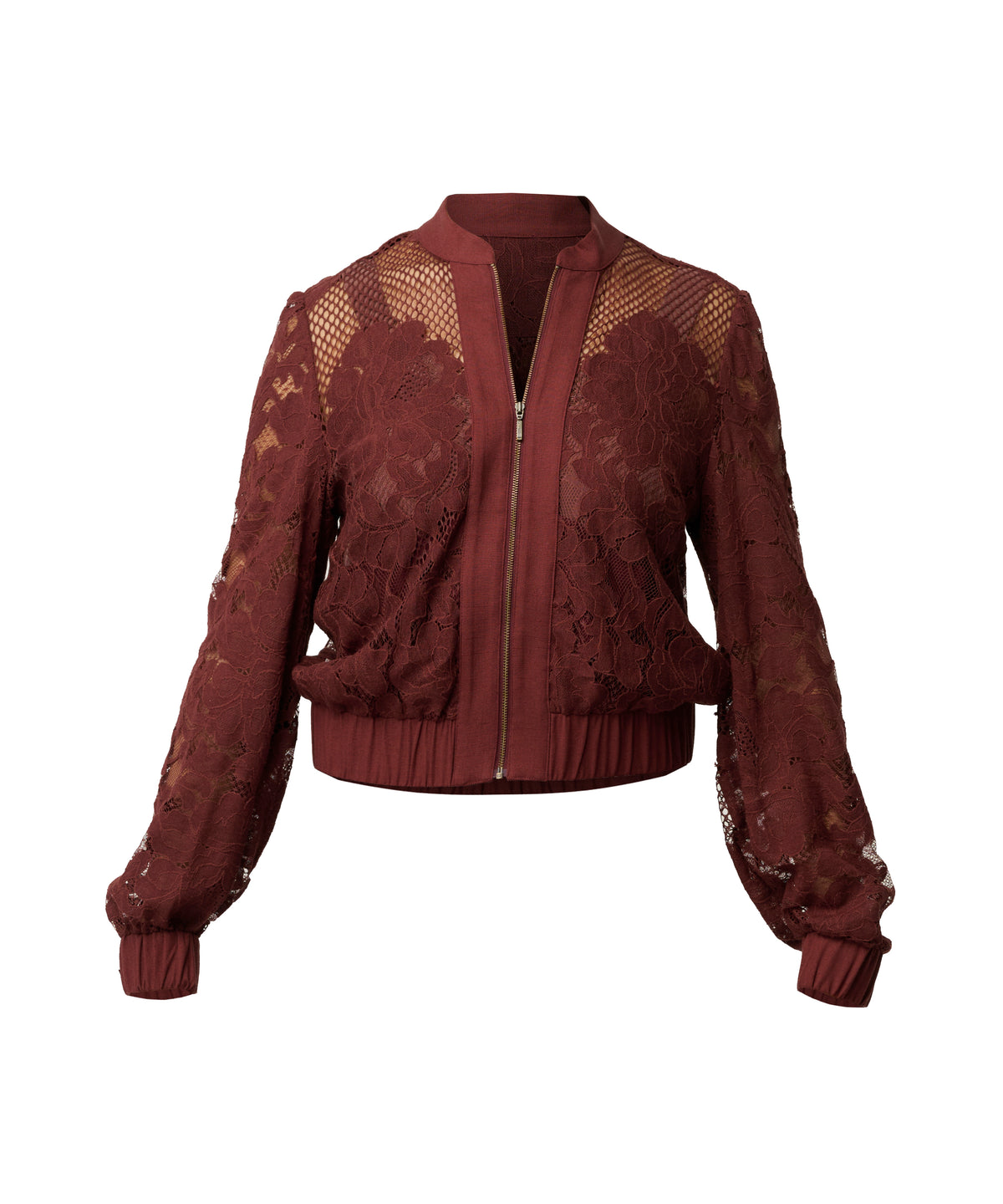 OnceWas Solene cotton-blend lace bomber in Rosewood, worn front view