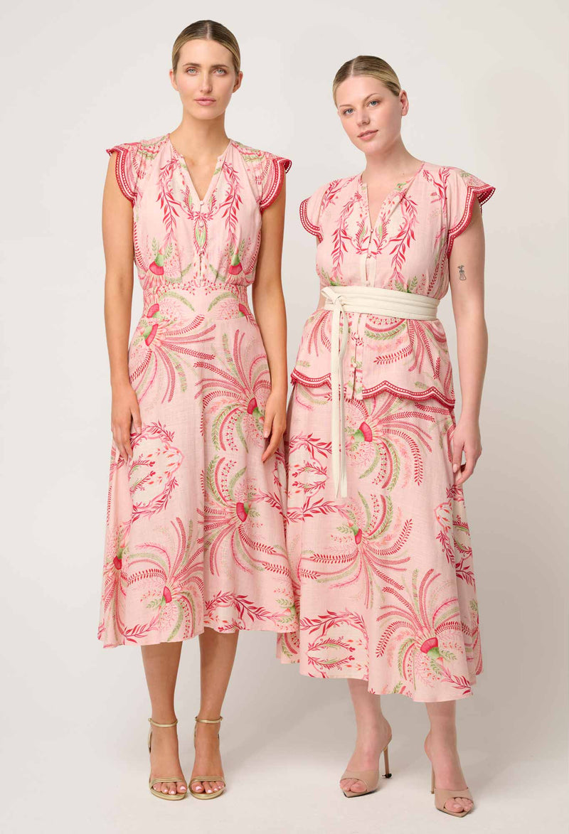 Once Was - Estrella Linen Viscose Yoke Skirt Palmarosa