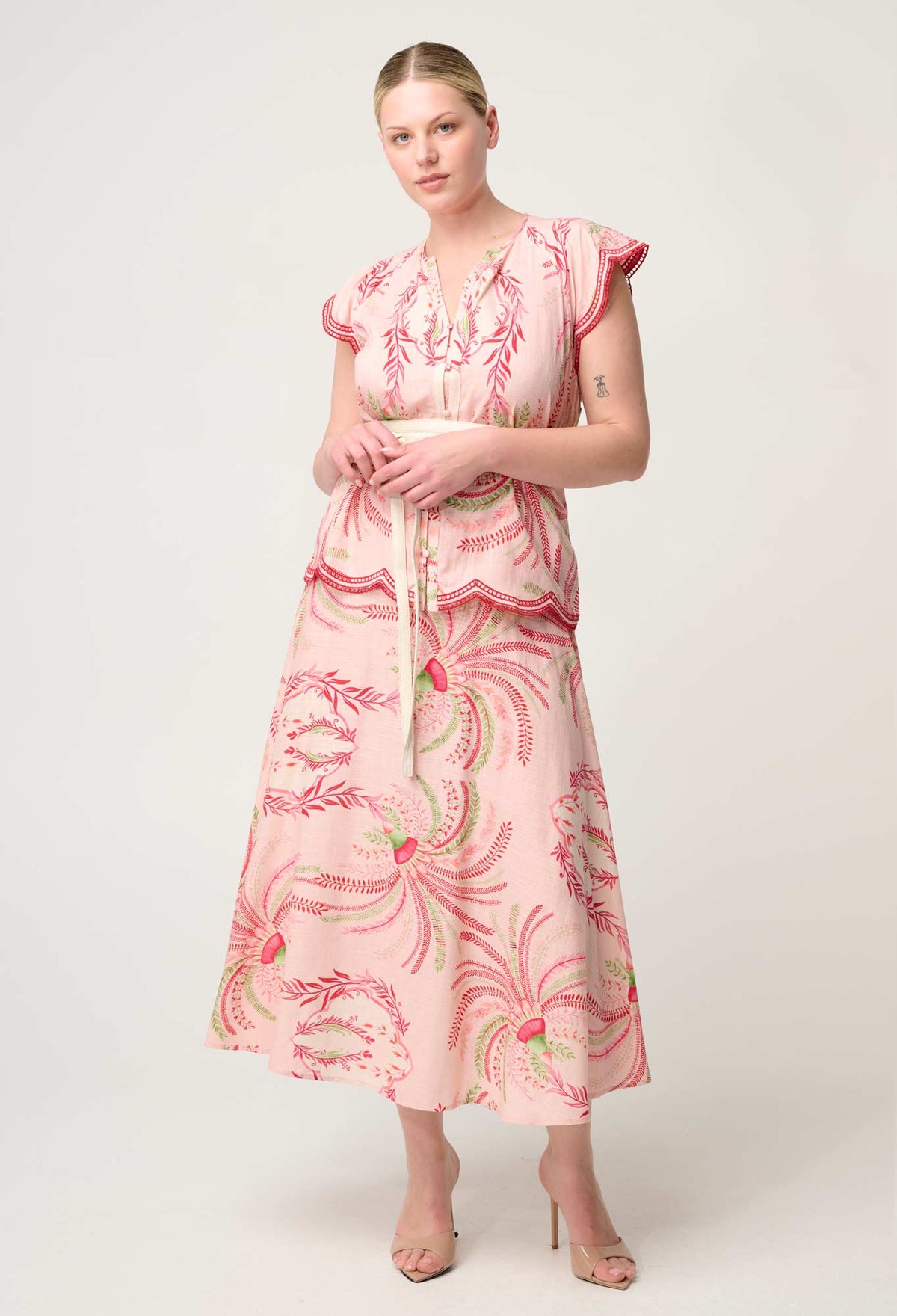 Once Was - Estrella Linen Viscose Yoke Skirt Palmarosa