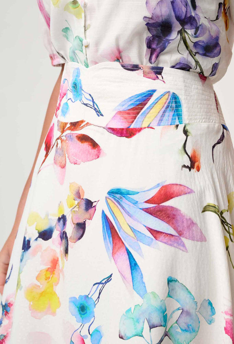 Once Was - Pandorea Viscose Dobby Stitch Detail Yoke Skirt - PLUME BLOSSOM