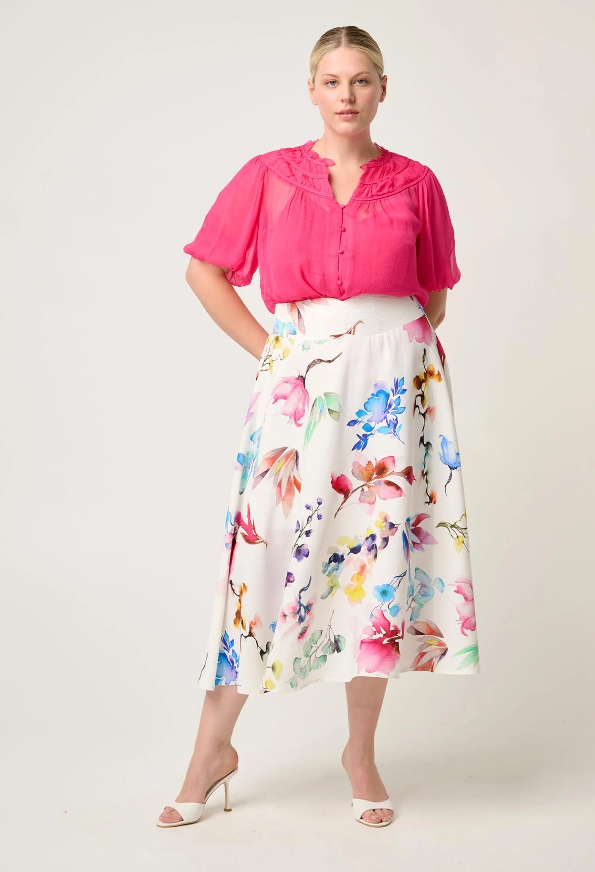 Once Was - Pandorea Viscose Dobby Stitch Detail Yoke Skirt - PLUME BLOSSOM