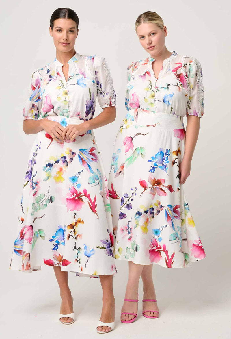 Once Was - Pandorea Viscose Dobby Stitch Detail Yoke Skirt - PLUME BLOSSOM