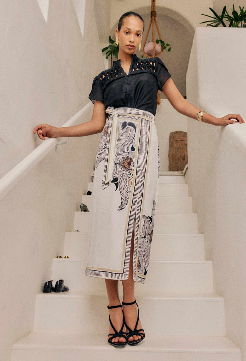 Once Was - Zenobia Contrast Trim Viscose Skirt - Ivory Casablanca