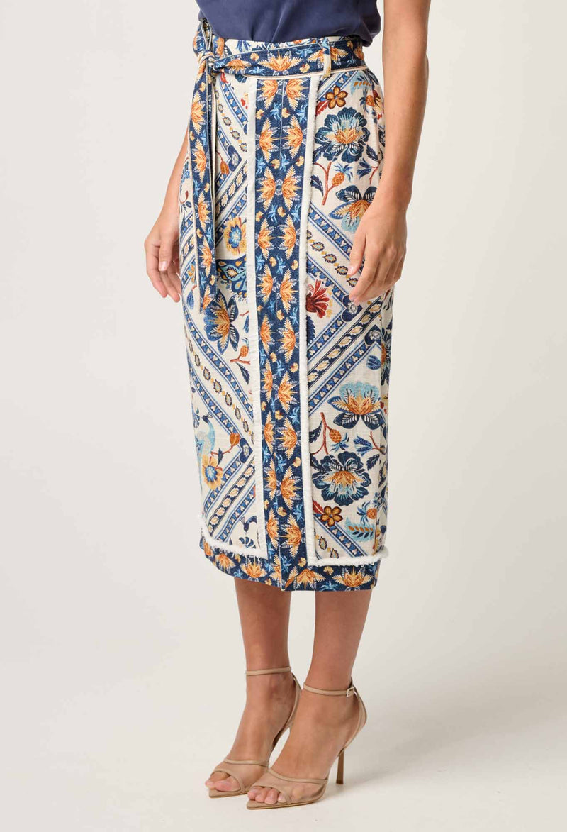 Once Was - Zenobia Viscose Fringe Midi Skirt in Petinos Floros