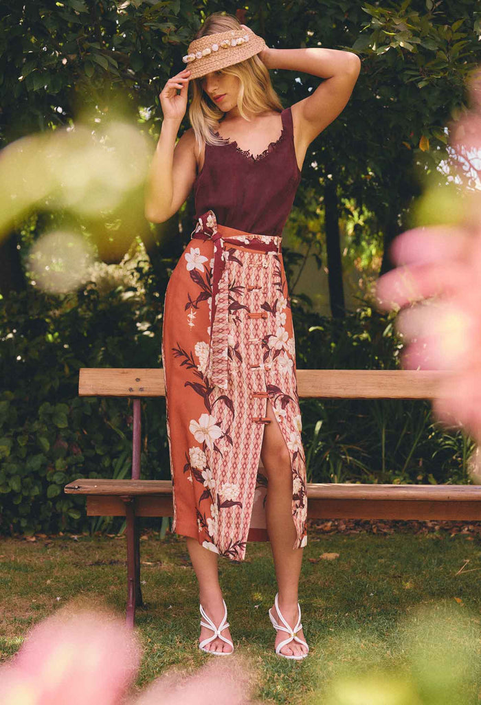 Once Was Adria Button Midi Skirt in Amber Vine
