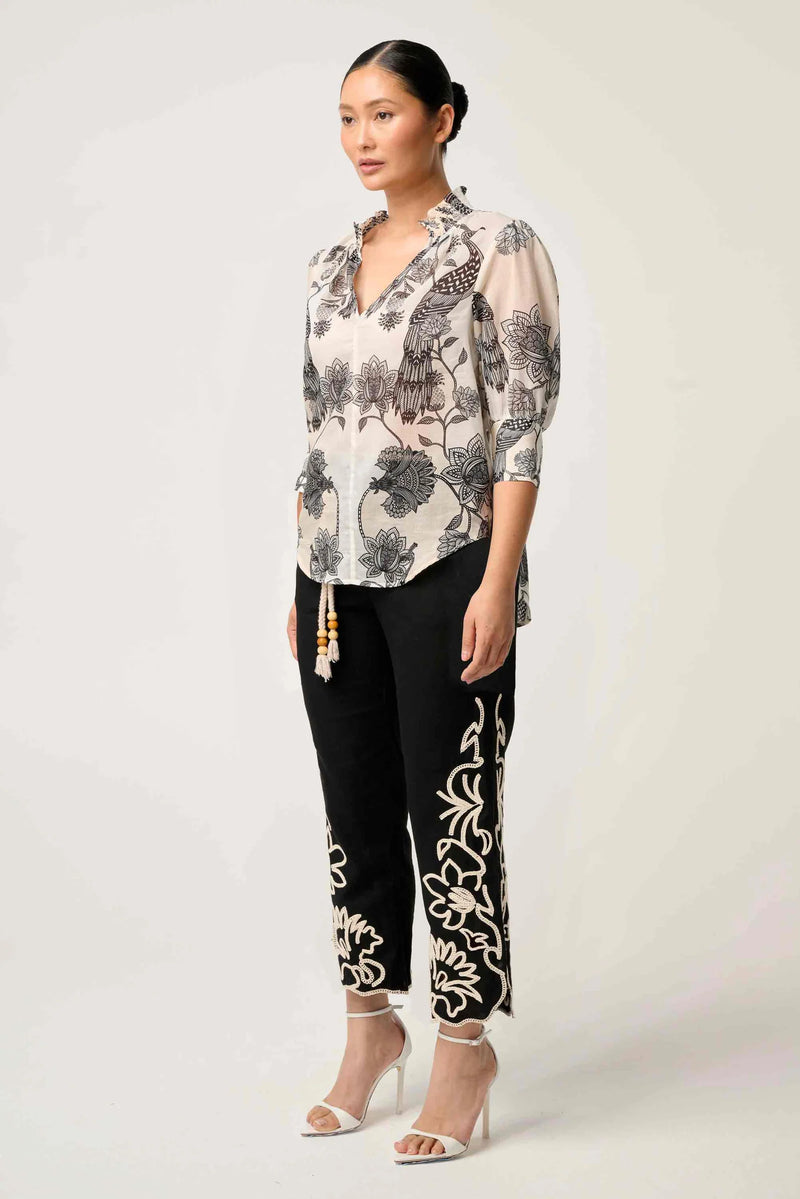 Once Was - Oleander Placement Cotton Silk Print Blouse - IMPERIAL STONE