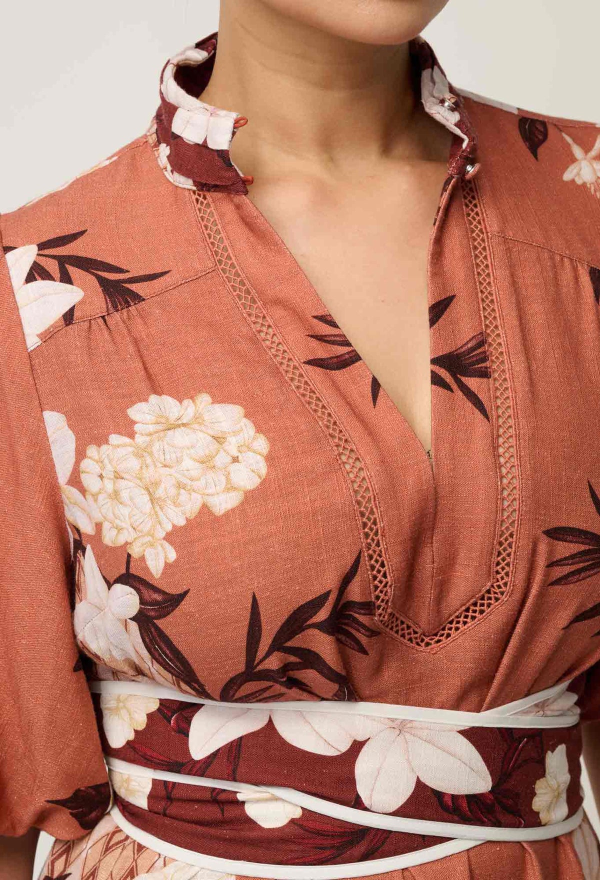 Close-up of the Amber Vine placement print and lace insert on the OnceWas Gisela dress