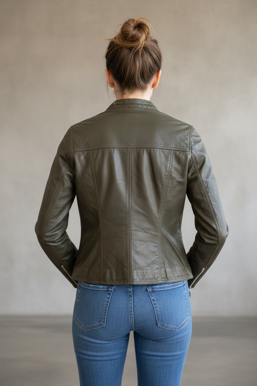 Anora - Olive Biker Leather Jacket