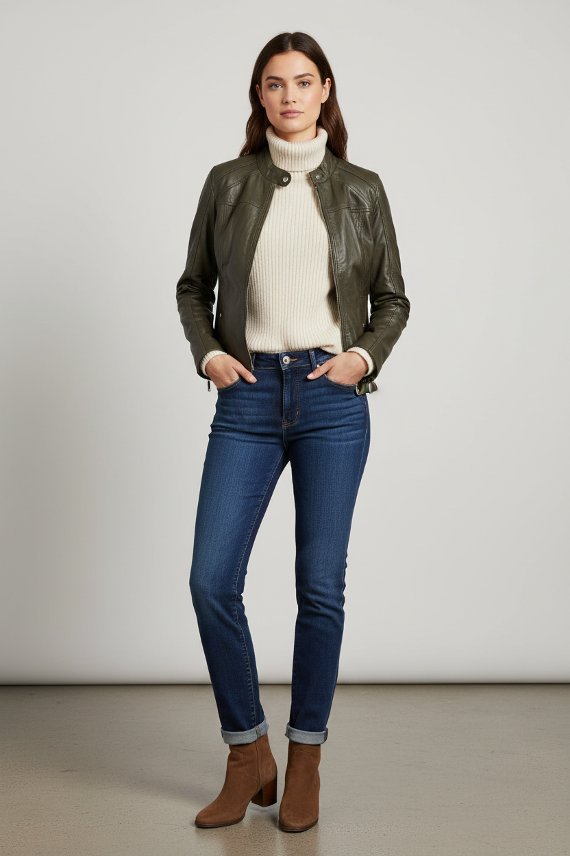 Anora - Olive Biker Leather Jacket