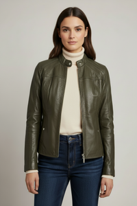 Anora - Olive Biker Leather Jacket