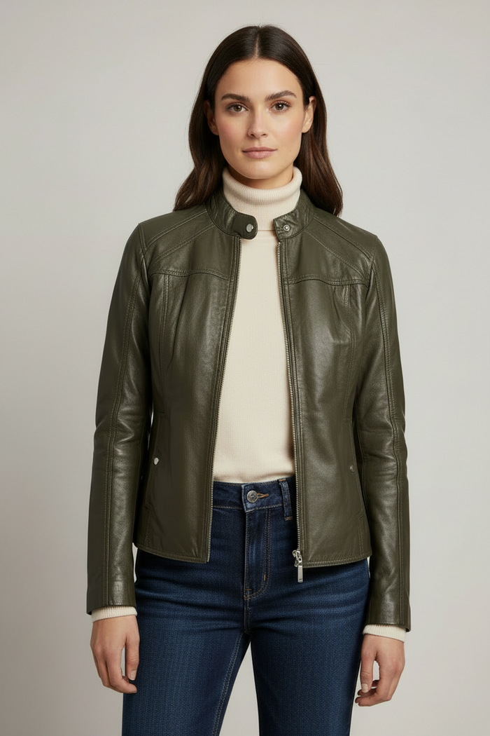 Anora - Olive Biker Leather Jacket