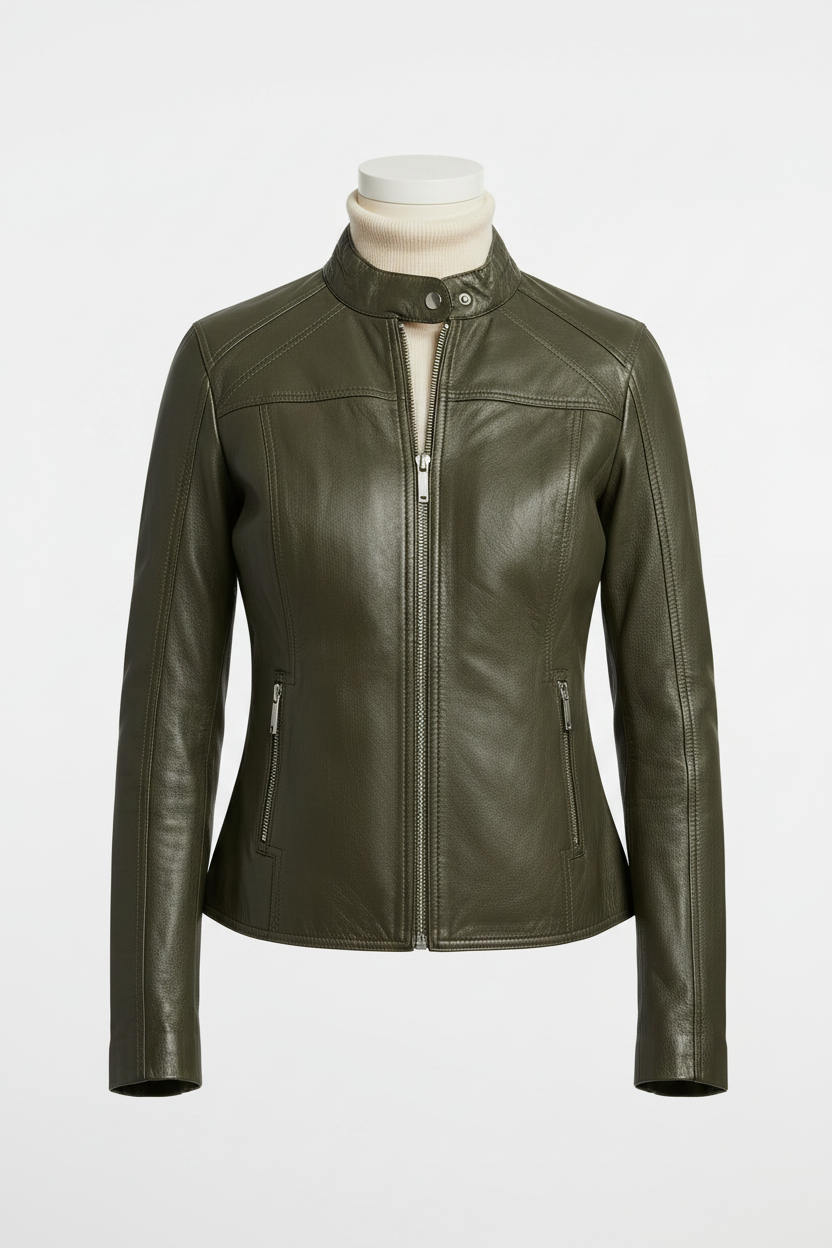 Anora - Olive Biker Leather Jacket