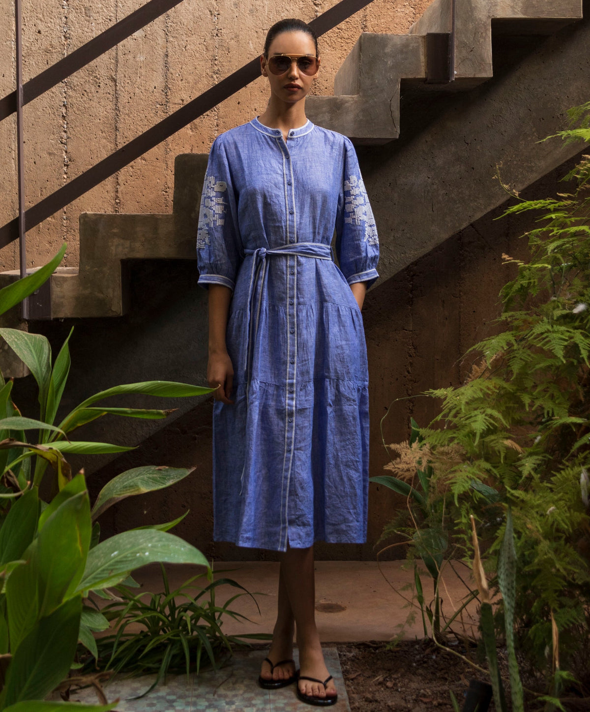 Rose & Rose Pine Dress in Blue Chambray - front