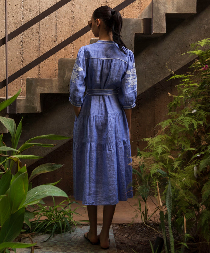 Rose & Rose Pine Dress in Blue Chambray - styled