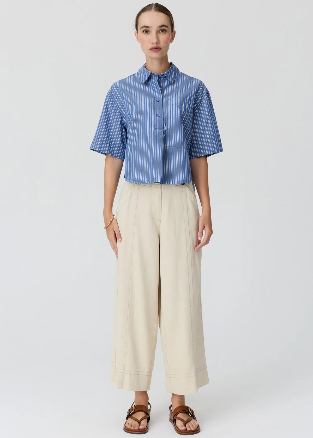 POL Aubin Camp Shirt in Blue/Butter stripe