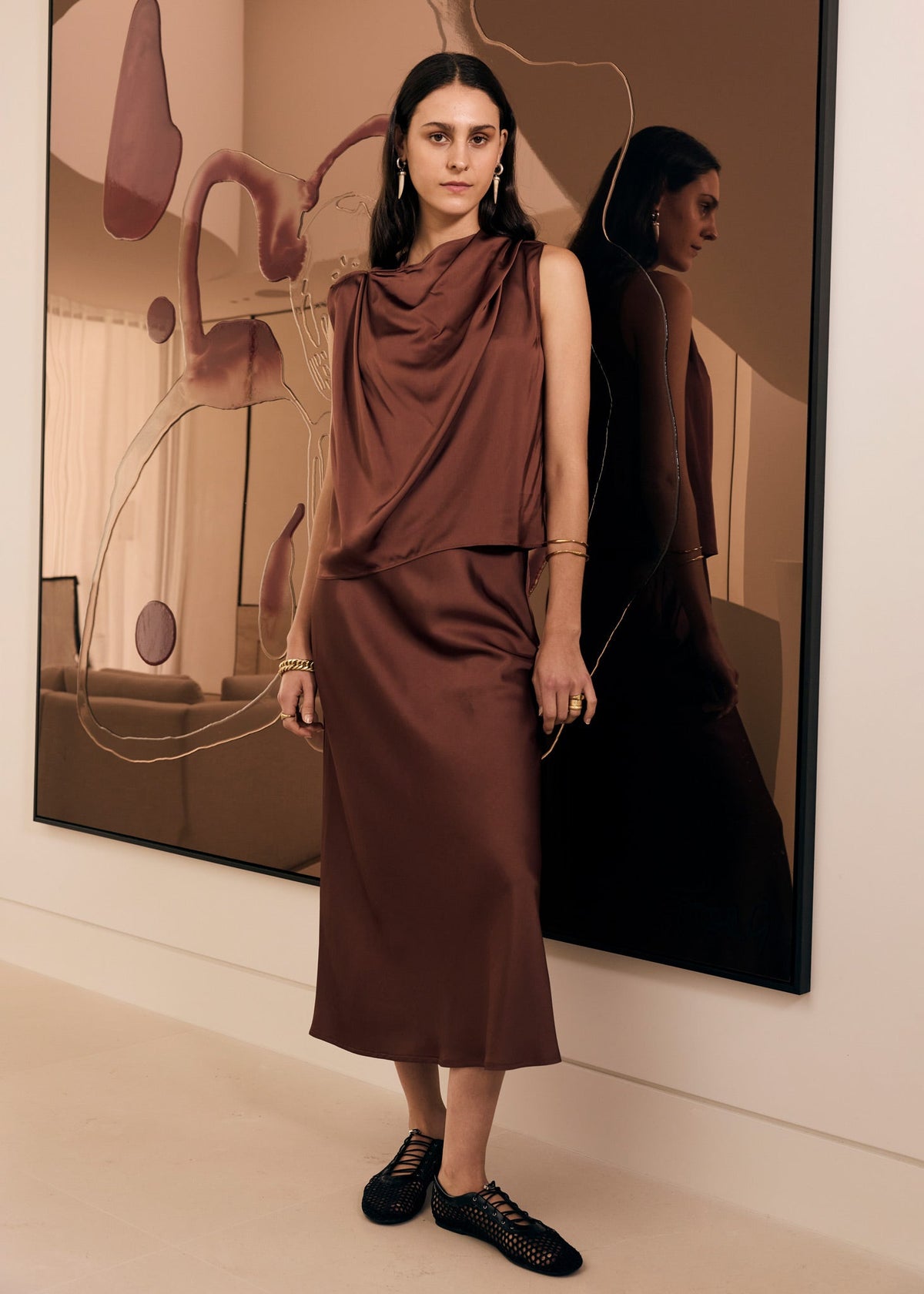 POL Innes Tie Neck Top and Bias Skirt set in Toffee