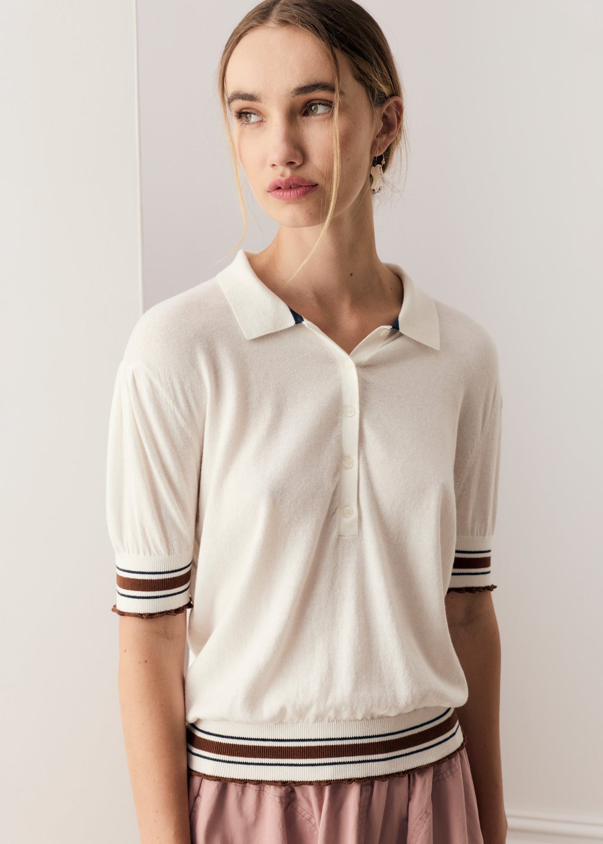 POL Dahlia Knit Polo in White/Toffee