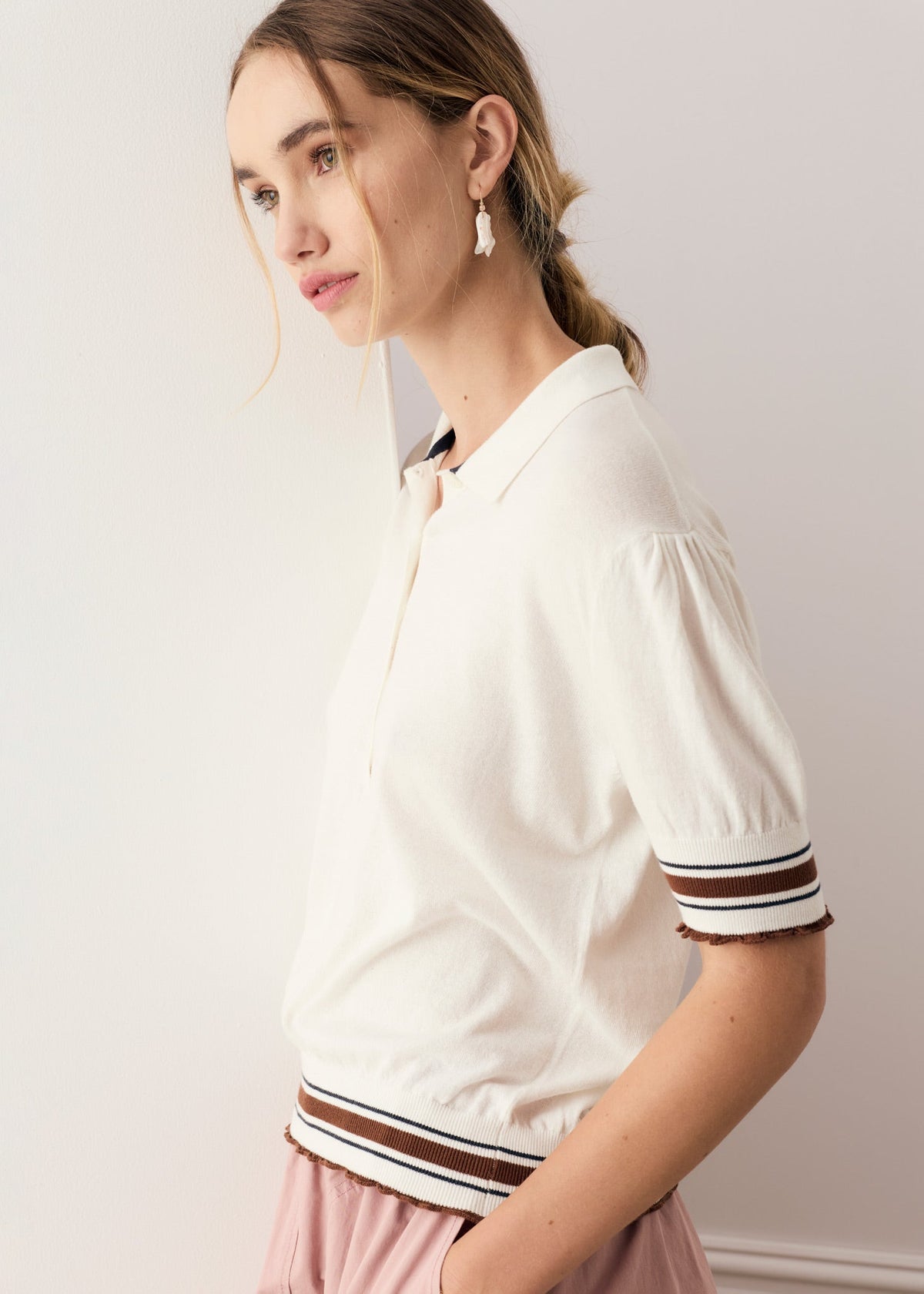 POL Dahlia Knit Polo White/Toffee detail