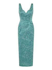 Moss & Spy Philippa Shift dress in jade floral jacquard, front view