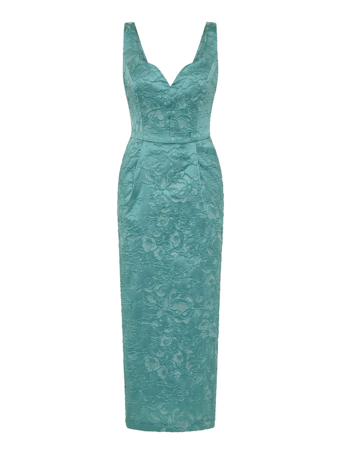 Moss & Spy Philippa Shift dress in jade floral jacquard, front view