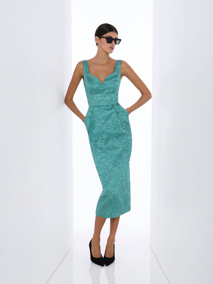 Moss & Spy Philippa Shift jade, full length showing pencil silhouette