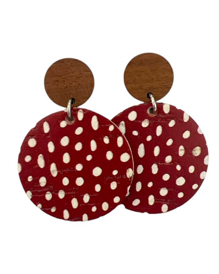 Red & White Specs - Leather Earring with Wooden stud