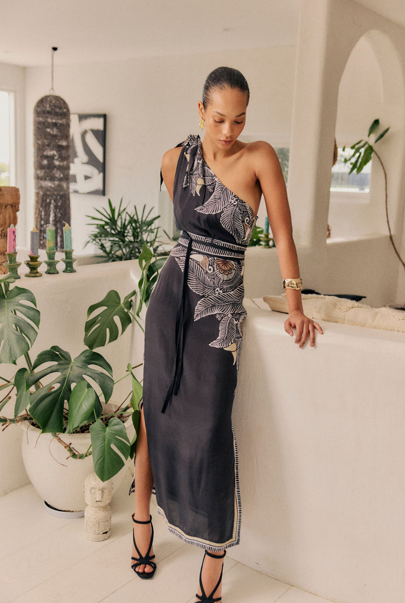 Once Was - Amira One Shoulder Linen Viscose Dress in Onyx Casablanca