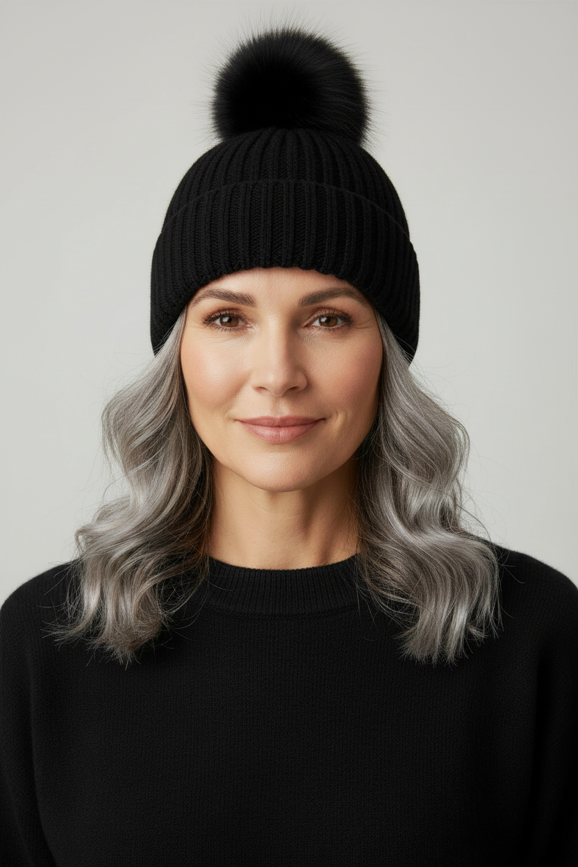 Angora Black Beanie - Lux Pom Pom