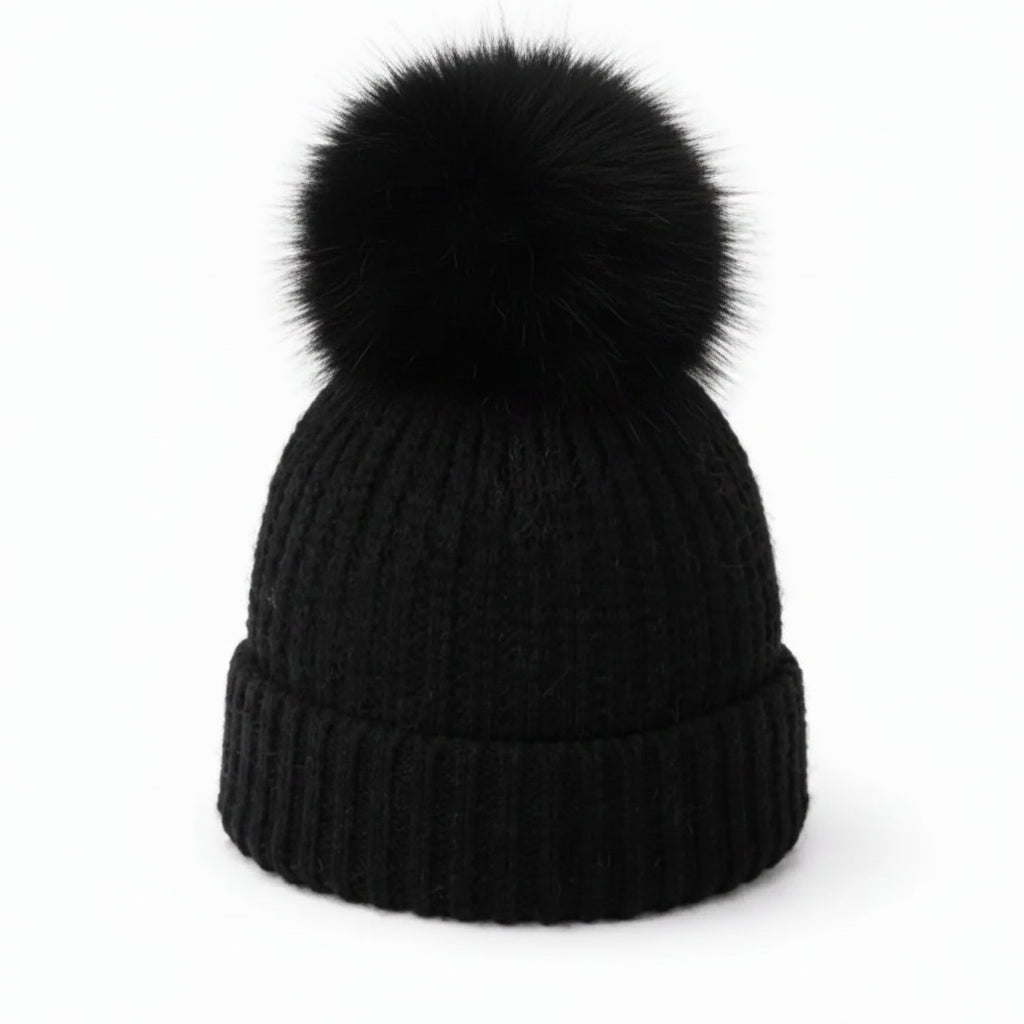 Angora Black Beanie - Lux Pom Pom