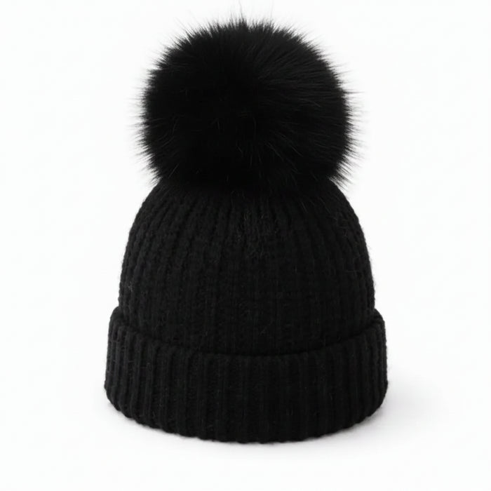 Angora Black Beanie - Lux Pom Pom